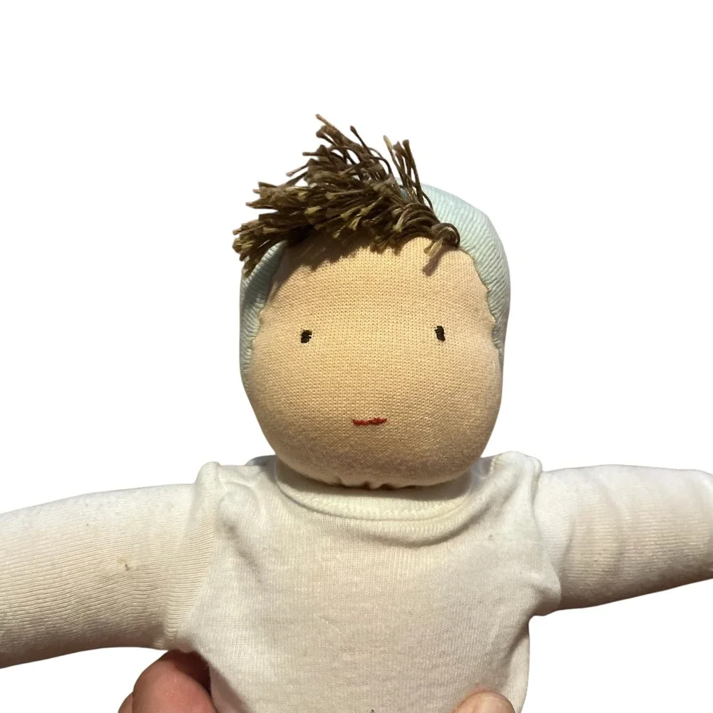Waldorf Style Soft Plush Doll 13 Inch Handmade Fabric Toy Green Cap White Shirt